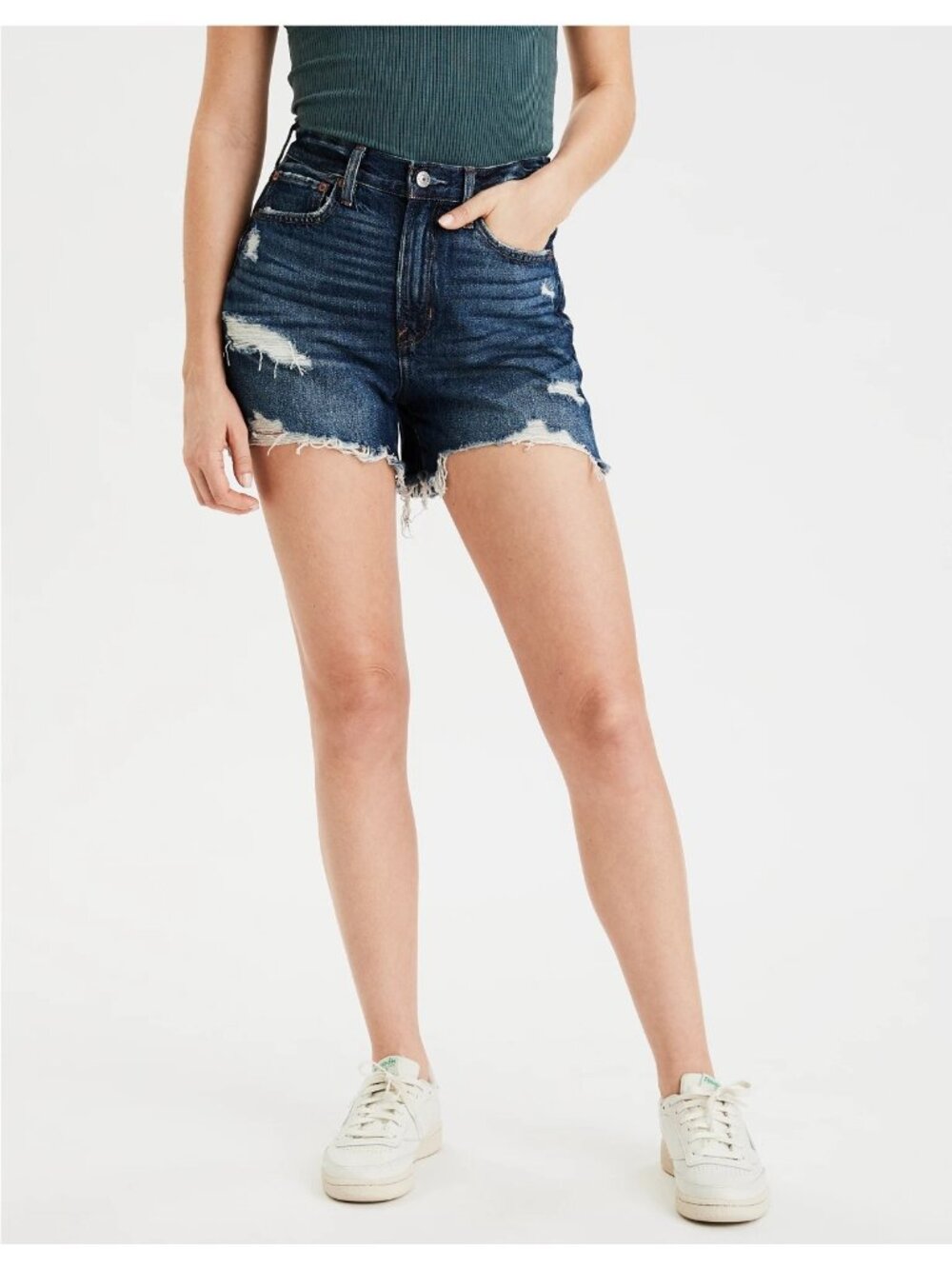 American Eagle Shorts Size 6 90s Boyfriend Blue Distressed Super High Waisted Ri